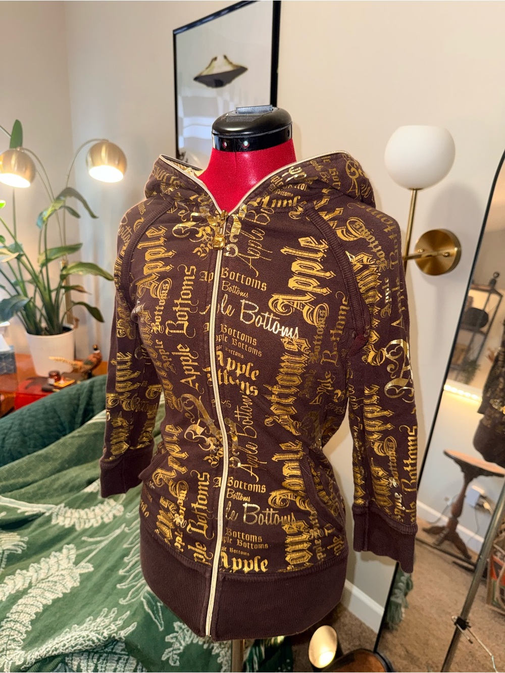 Y2K Apple Bottoms Brown Hoodie with Gold Logo Print Satin Lined Hood Iconic Zip